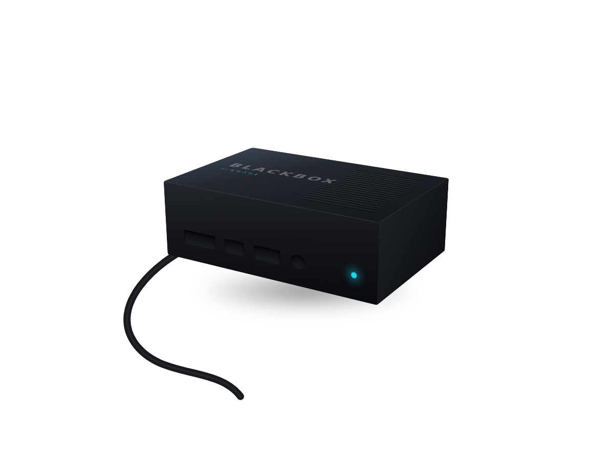 Schematische Darstellung eines kleinen Media-Players mit HDMI-, USB-, Netzwerk- und Stromanschluss sowie Betriebsanzeige.